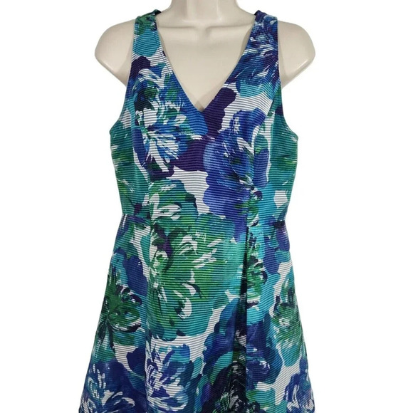 Adrianna Papell Blue Green Floral Fit and Flare Dress Women Size 6 Sleeveless - Picture 2 of 8
